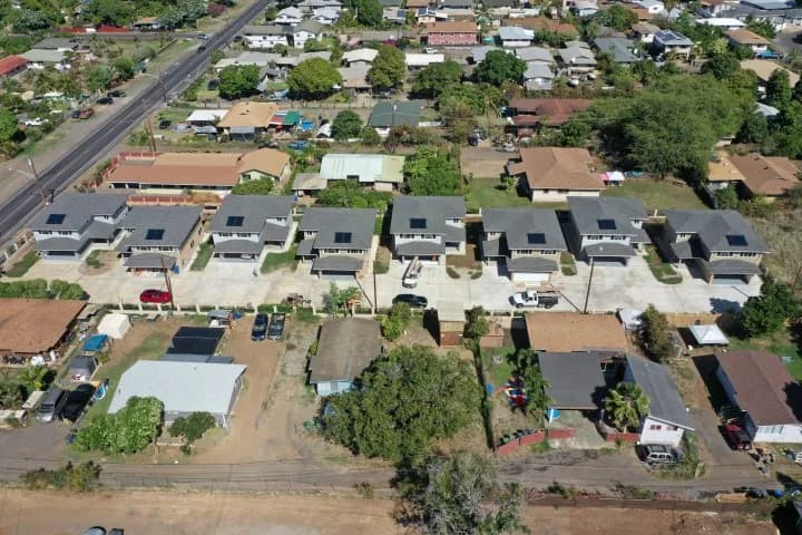 Drone view of a new townhome development on Maui